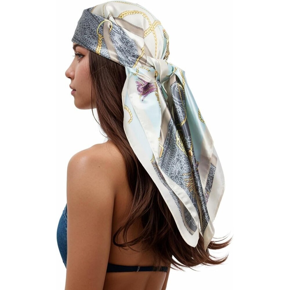 Women's Blue/Grey Head Scarf Like Silk Printed Square Hair Bandanas 35 Inches